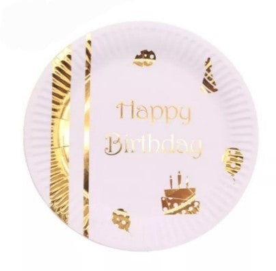 Assiettes blanches Happy Birthday or