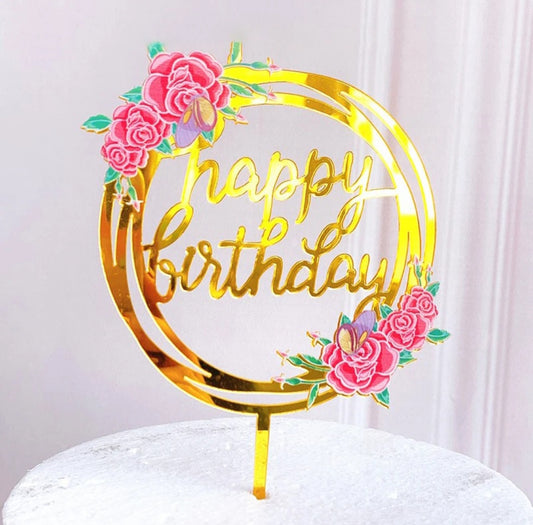 Décoration gâteau Happy Birthday fleurs roses