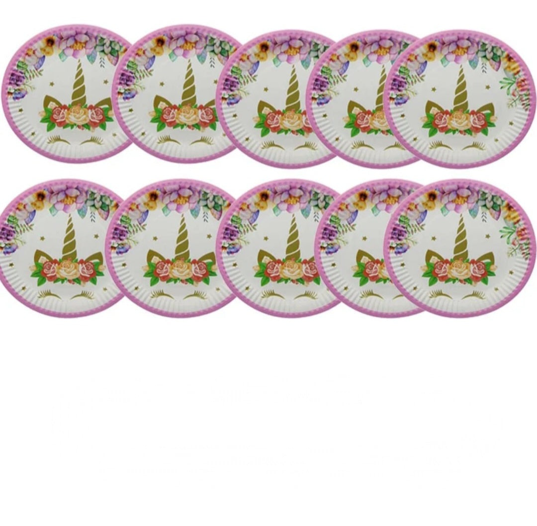 Assiettes licorne fleurs roses