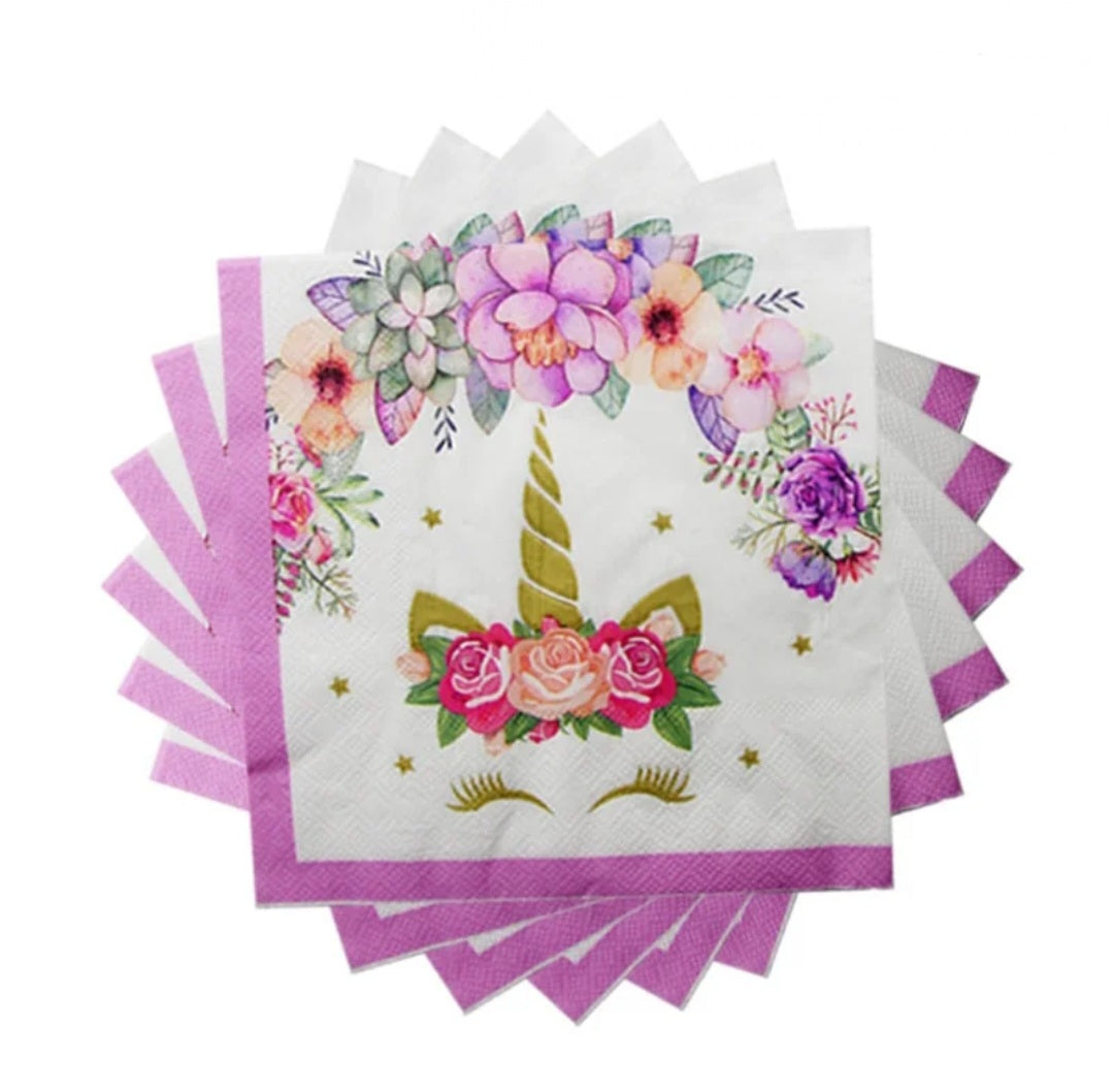 Serviettes licorne fleurs roses